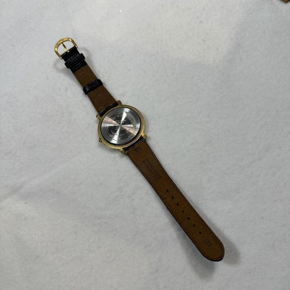 Vintage Milan Angel Watch Gold Tone Japan Black Lizard Leather needs battery